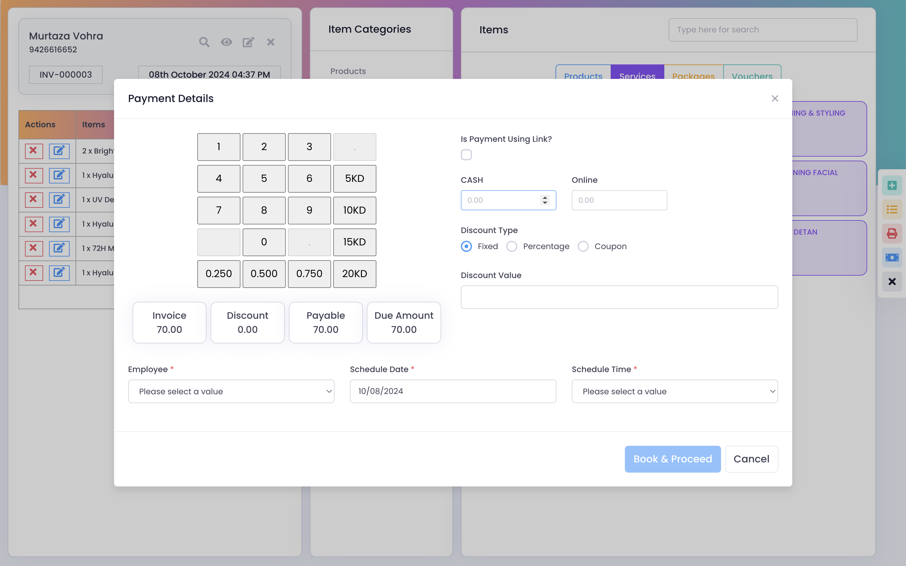 Booking Monk point-of-sale checkout screen